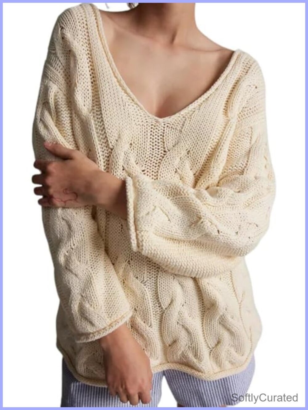 Oversized Cable Knit V-Neck Chunky Pullover Sweater